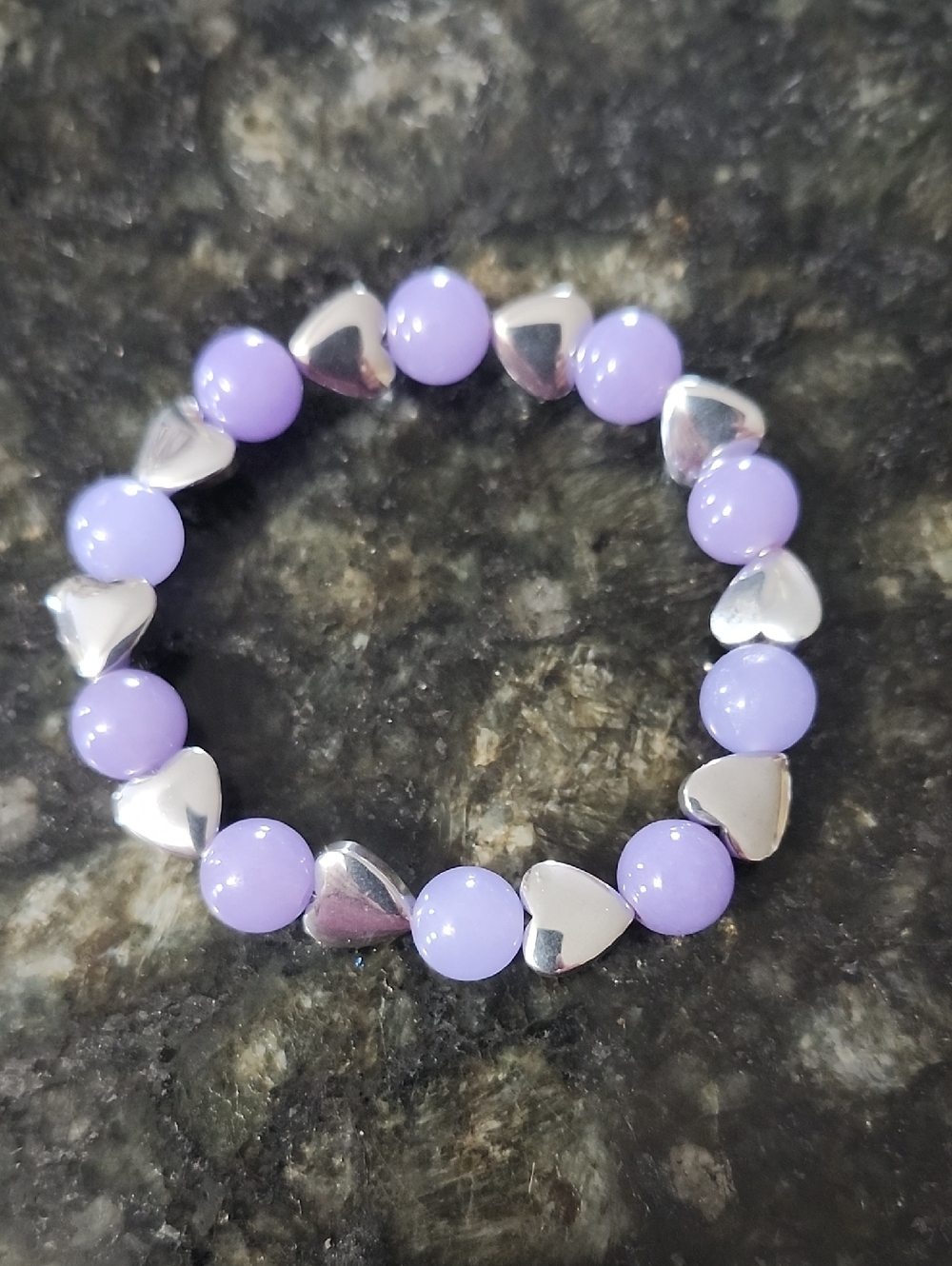 Handmade Lavender Bead & Silver Heart Stretch Bracelet